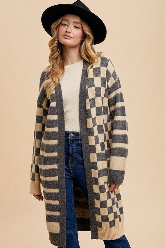 Checkered & Striped Open Front Long Sleeve Cardigan