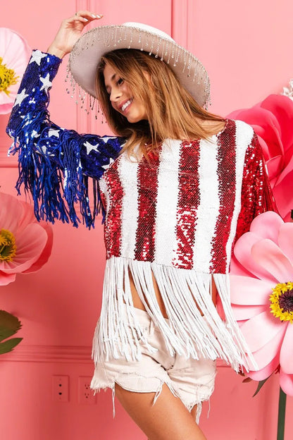 BiBi American Flag Theme Fringe Detailed Sequins Crop Top Trendsi