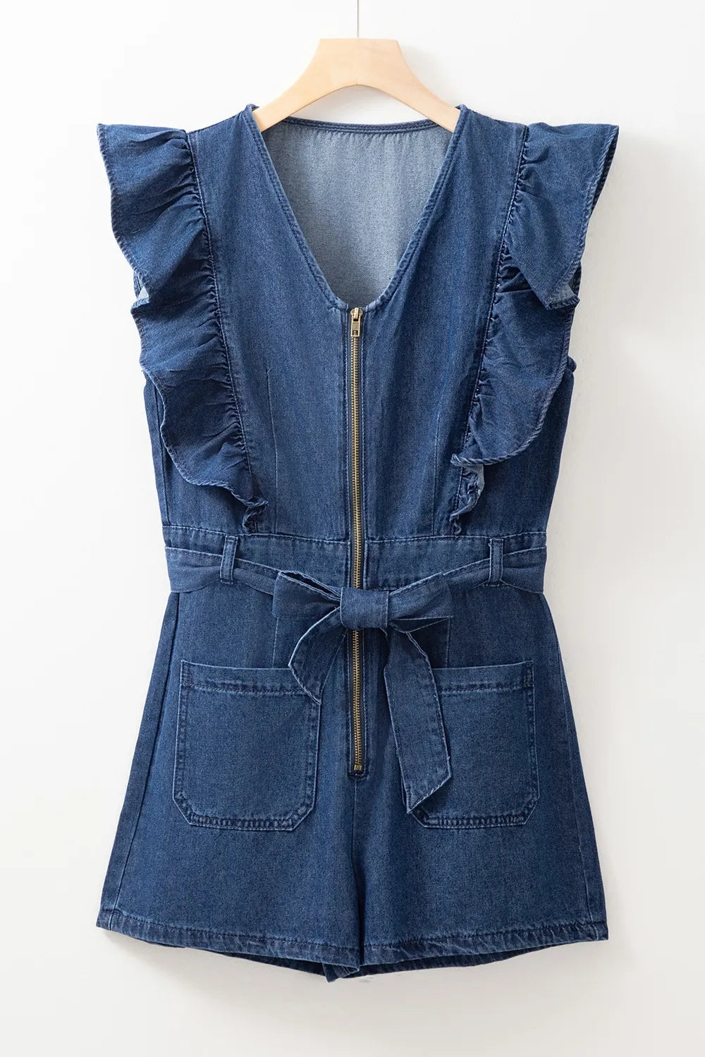 Denim Ruffled Zipped Front Belted Romper Trendsi