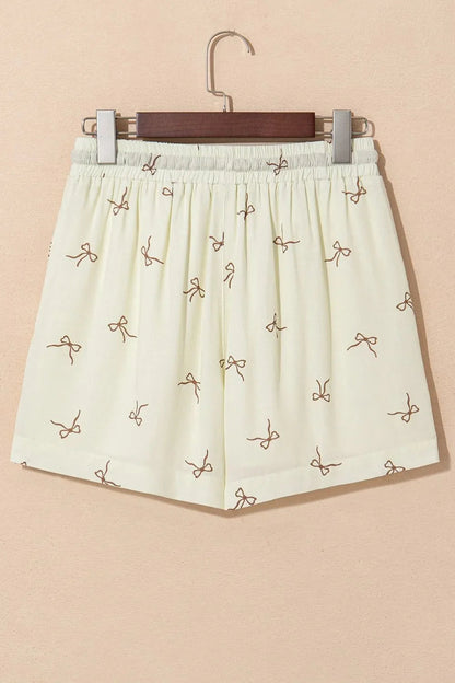 Bow Print Lace Drawstring Casual Shorts Simply Love