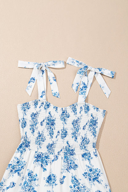 Sky Blue Floral Print Shirred Knot Shoulder Sleeveless Long Dress