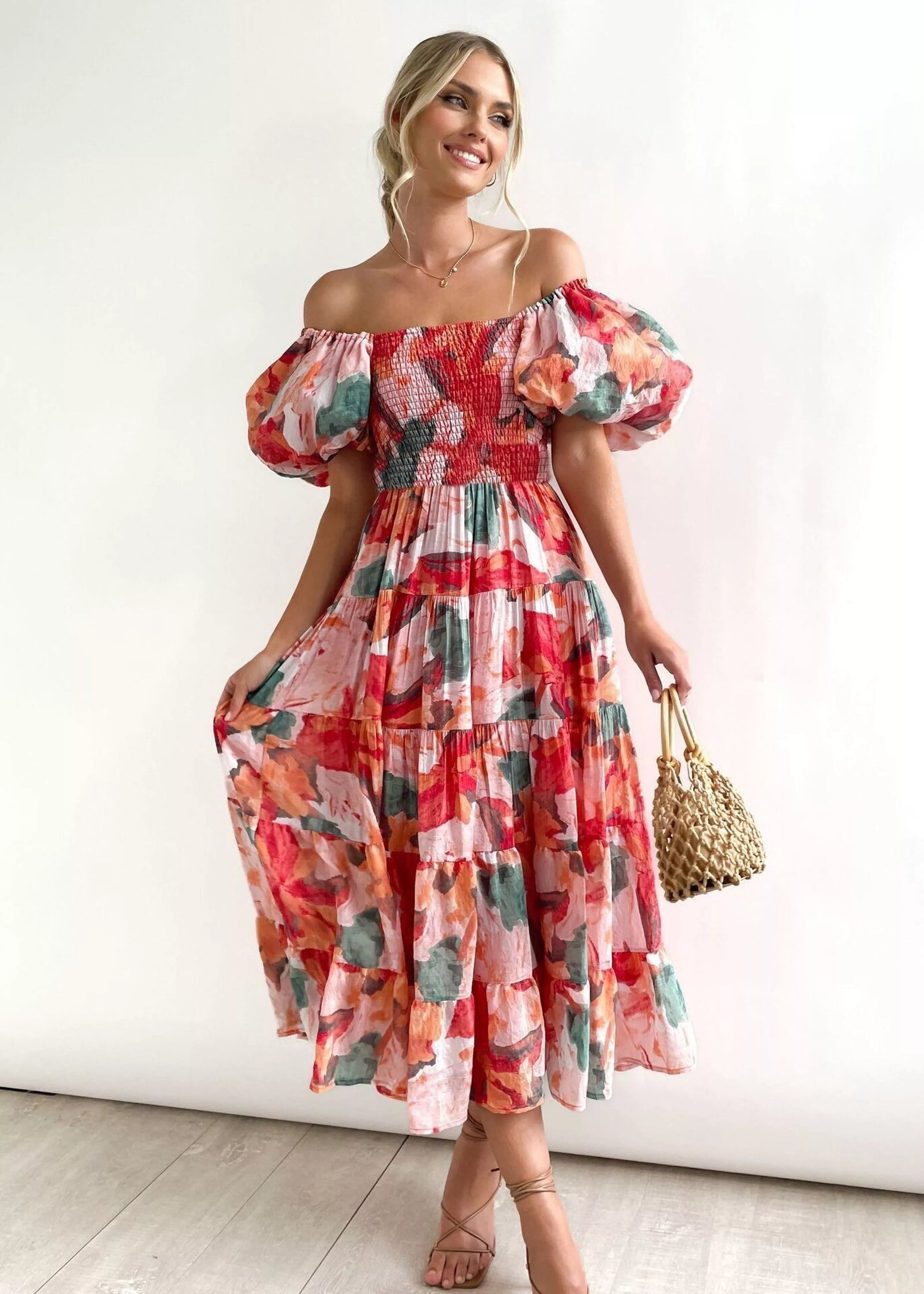 Floral Smocked Off Shoulders Puff Sleeve Tiered Dress Trendsi