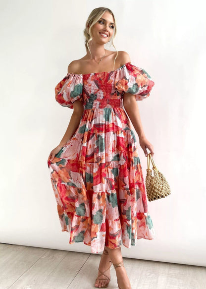 Floral Smocked Off Shoulders Puff Sleeve Tiered Dress Trendsi