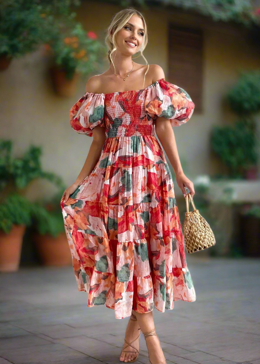 Floral Smocked Off Shoulders Puff Sleeve Tiered Dress Trendsi