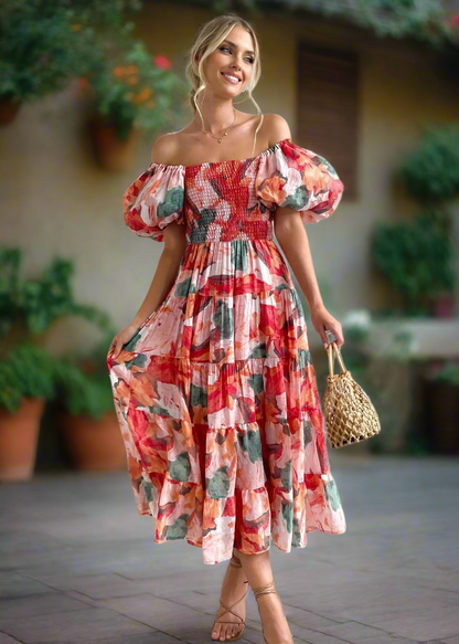 Floral Smocked Off Shoulders Puff Sleeve Tiered Dress Trendsi