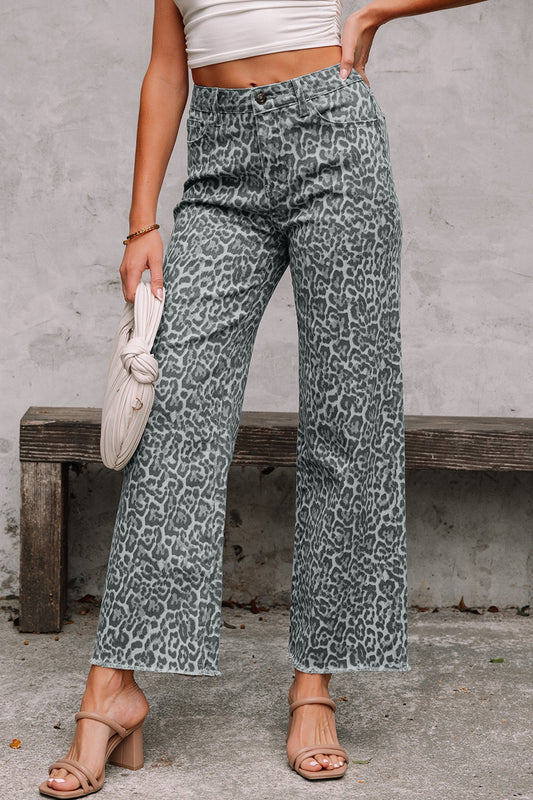 Gray Leopard Frayed Edge Wide Leg High Waist Jeans  DAME BOHEME