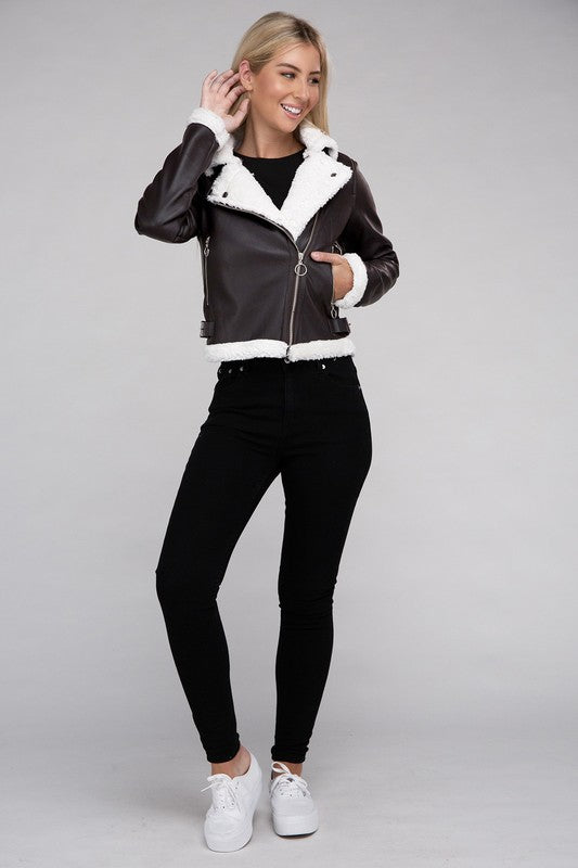 Plush Teddy Trimmed PU Faux Leather Jacket