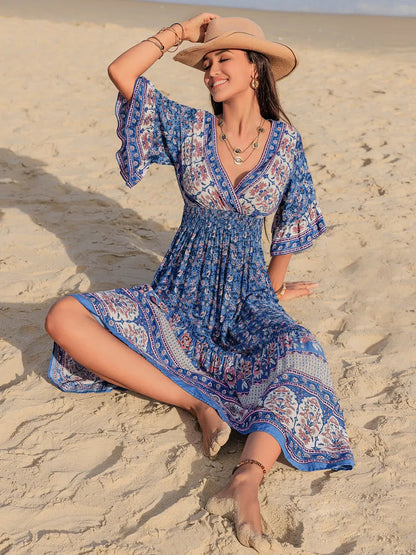 Bohemian Ruched Printed Flounce Sleeve Midi Dress Trendsi
