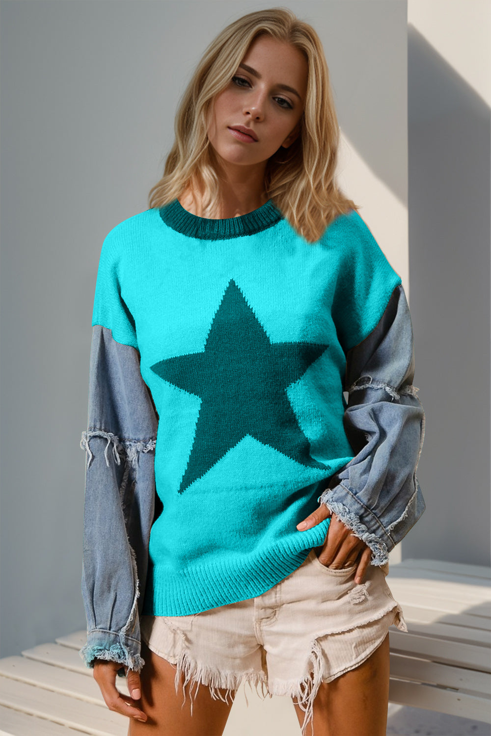 Double Take Full Size Star Pattern Raw Edge Long Sleeve Sweater  DAME BOHEME