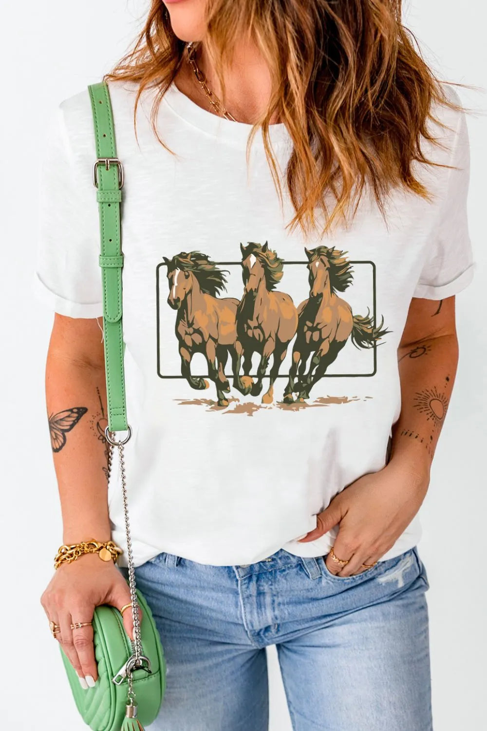 Texas Horse Graphic Cuffed Sleeve T Shirt  DAME BOHEME
