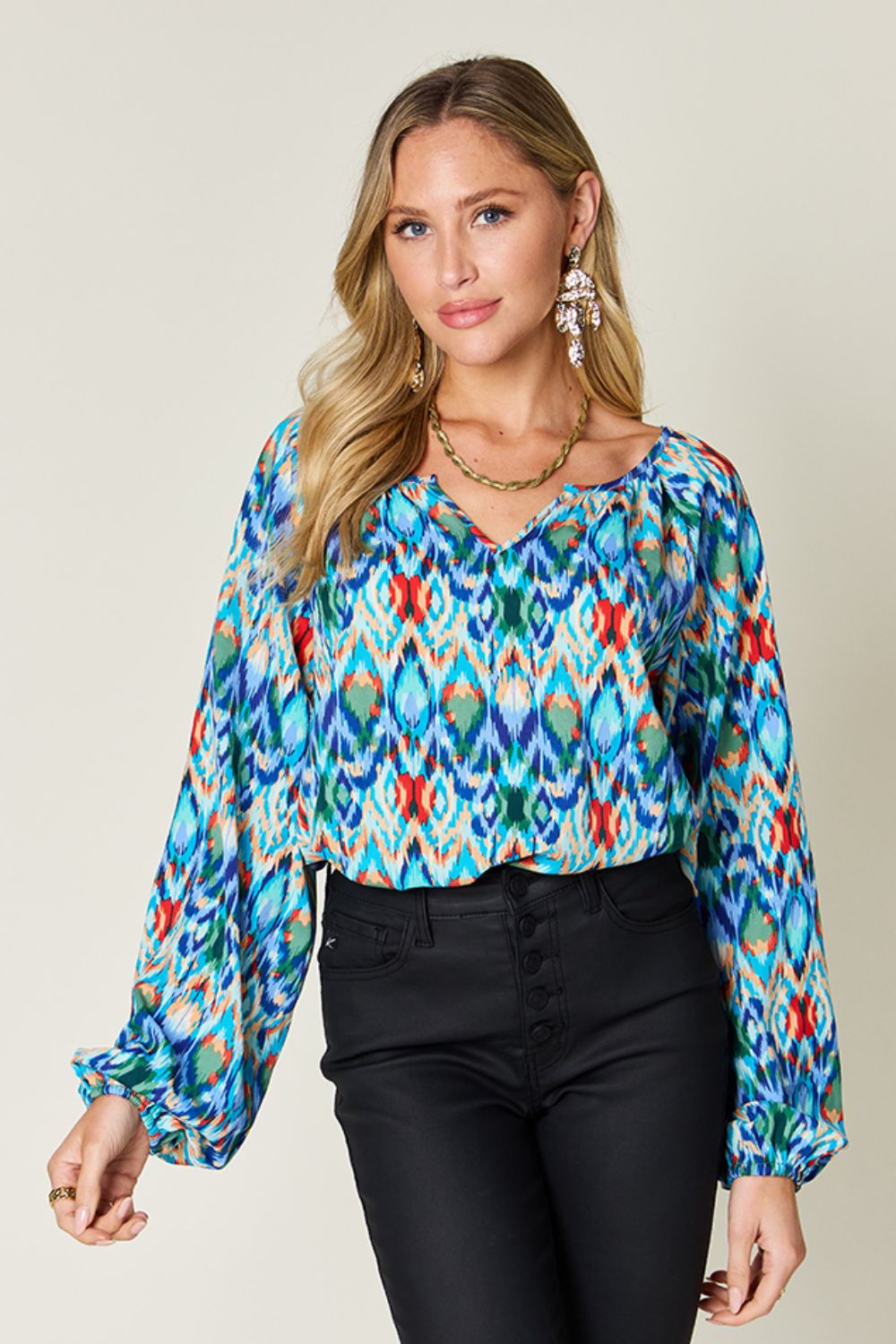 Double Take Full Size Printed Balloon Sleeve Blouse  DAME BOHEME