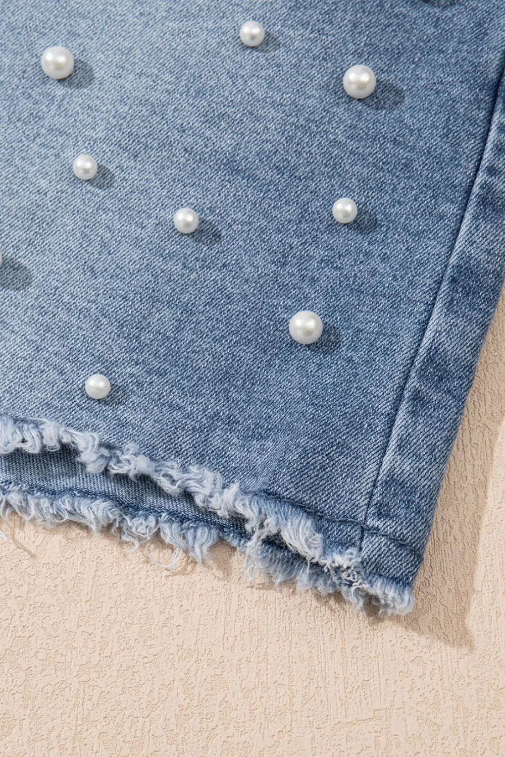 Pearl Beaded Raw Hem Wash Denim Shorts  DAME BOHEME