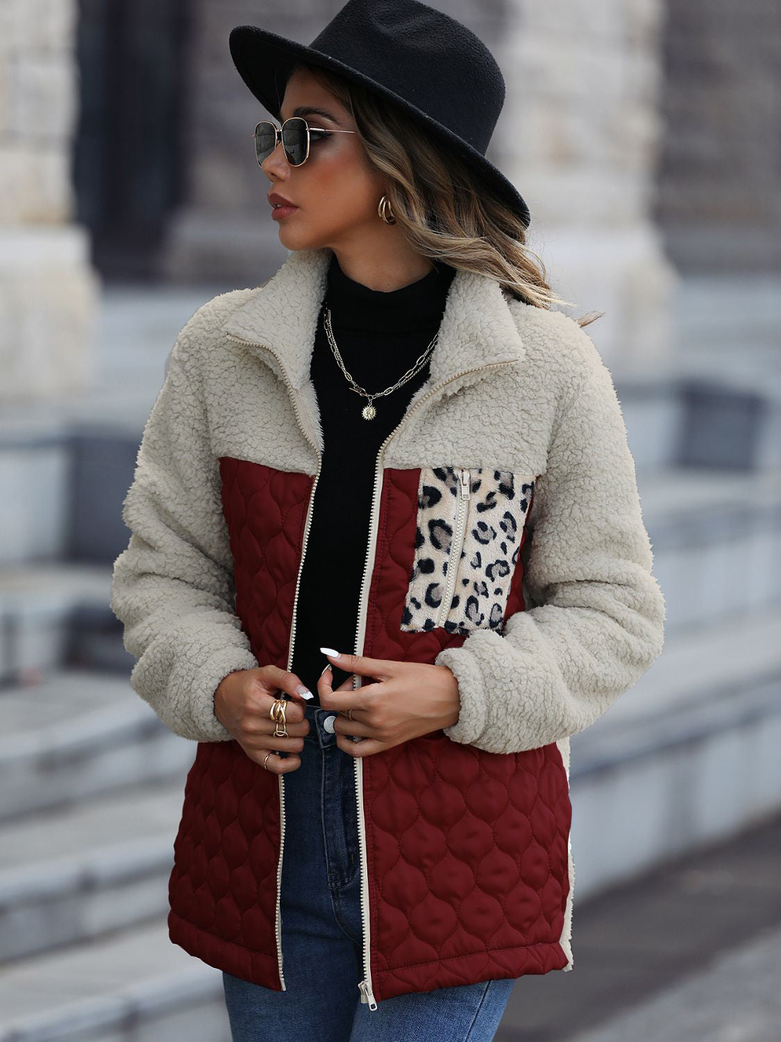 Color Block Zip-Up Quilted Sherpa Jacket