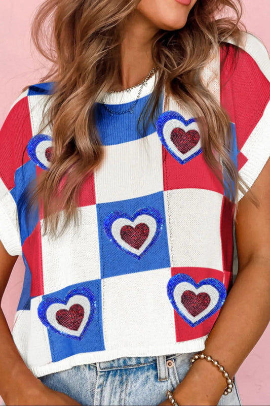 Sequin Heart Color Block Round Neck Knit Top  DAME BOHEME