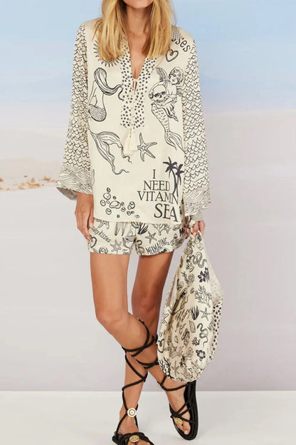 Nautical Print Top and Shorts Matching Set Trendsi