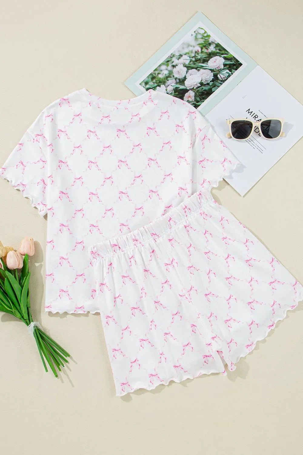 Bow Print Lettuce Trim Round Neck Top and Shorts Lounge Set  DAME BOHEME