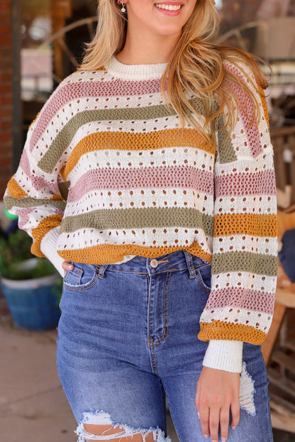Caroline Striped Hollowed Knitted Loose Sweater  DAME BOHEME