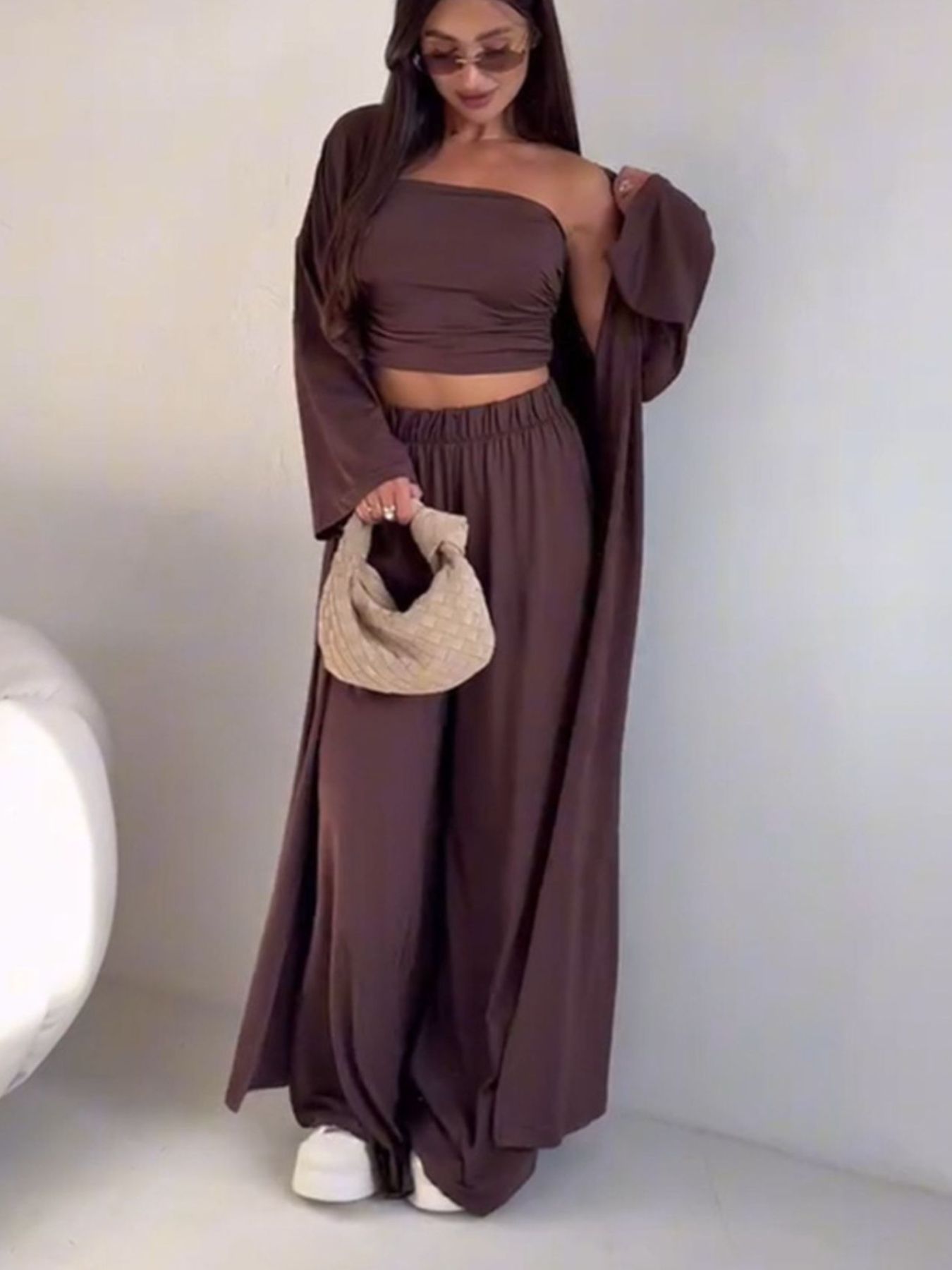 Tube Top, Long Cardigan and Flared Long Pants Three Piece Casual Set  DAME BOHEME