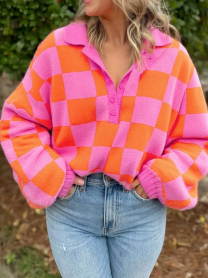 Checkerboard Pattern Half Button Sweater  DAME BOHEME