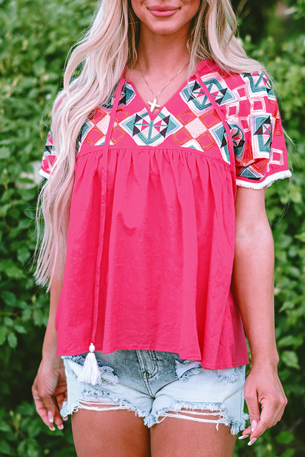 Zayla Embroidered Tassel Tie V-Neck Blouse  DAME BOHEME