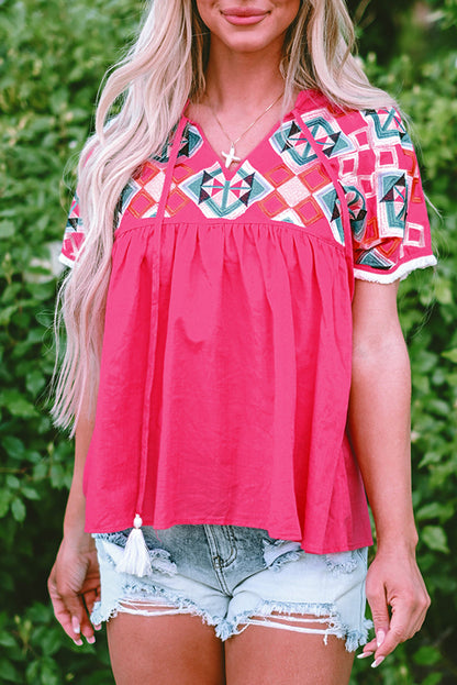 Zayla Embroidered Tassel Tie V-Neck Blouse  DAME BOHEME