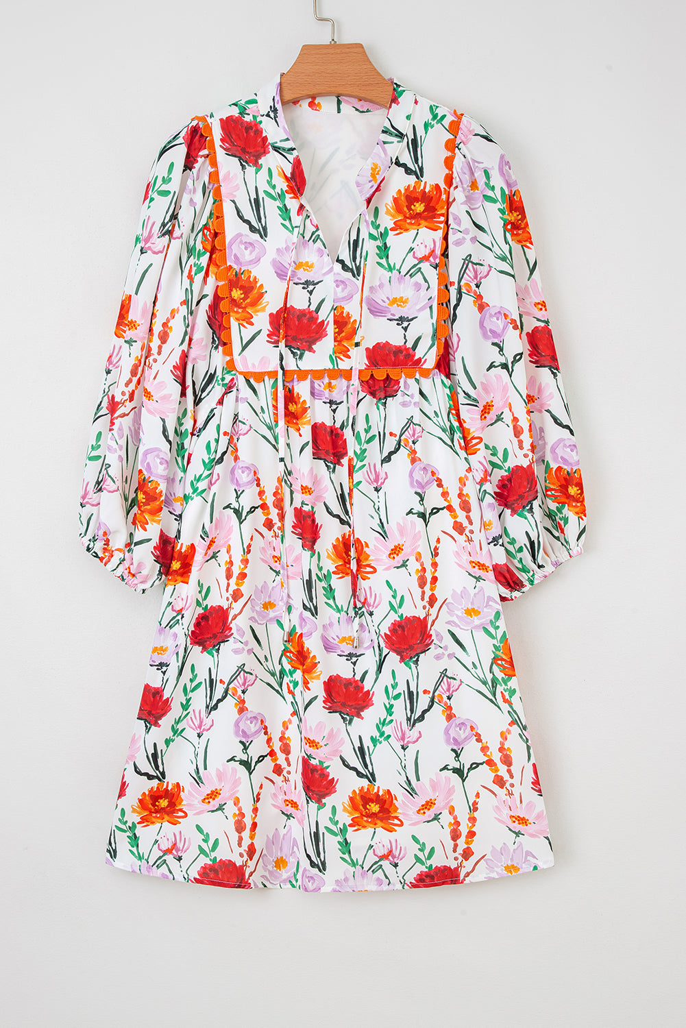 Beige Floral Print 3/4 Puff Sleeve Ricrac Trim Mini Dress  DAME BOHEME