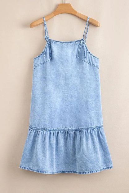 Bow Detail Spaghetti Straps Ruffle Hem Denim Dress Simply Love