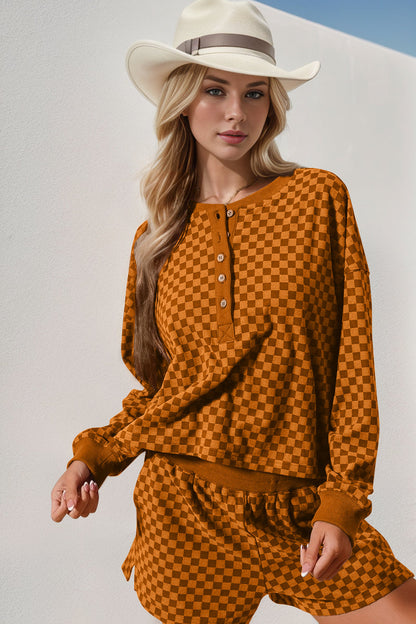 Double Take Checkered Half Button Top and Shorts Set  DAME BOHEME