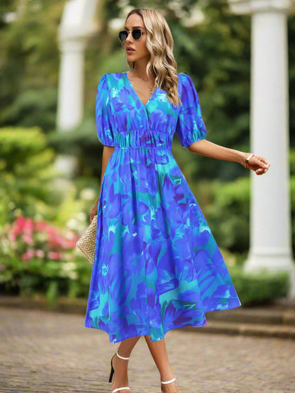 Ruched Roses Surplice Short Sleeve Dress Trendsi