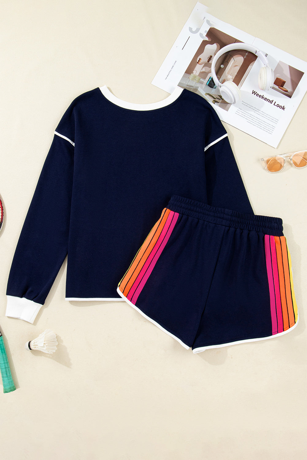 Bluing Colorful Striped Long Sleeve Pullover and Shorts Matching Set  DAME BOHEME