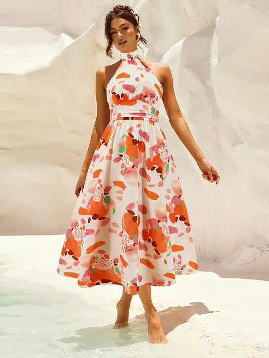 Ruched Printed Halter Neck Midi Dress Trendsi