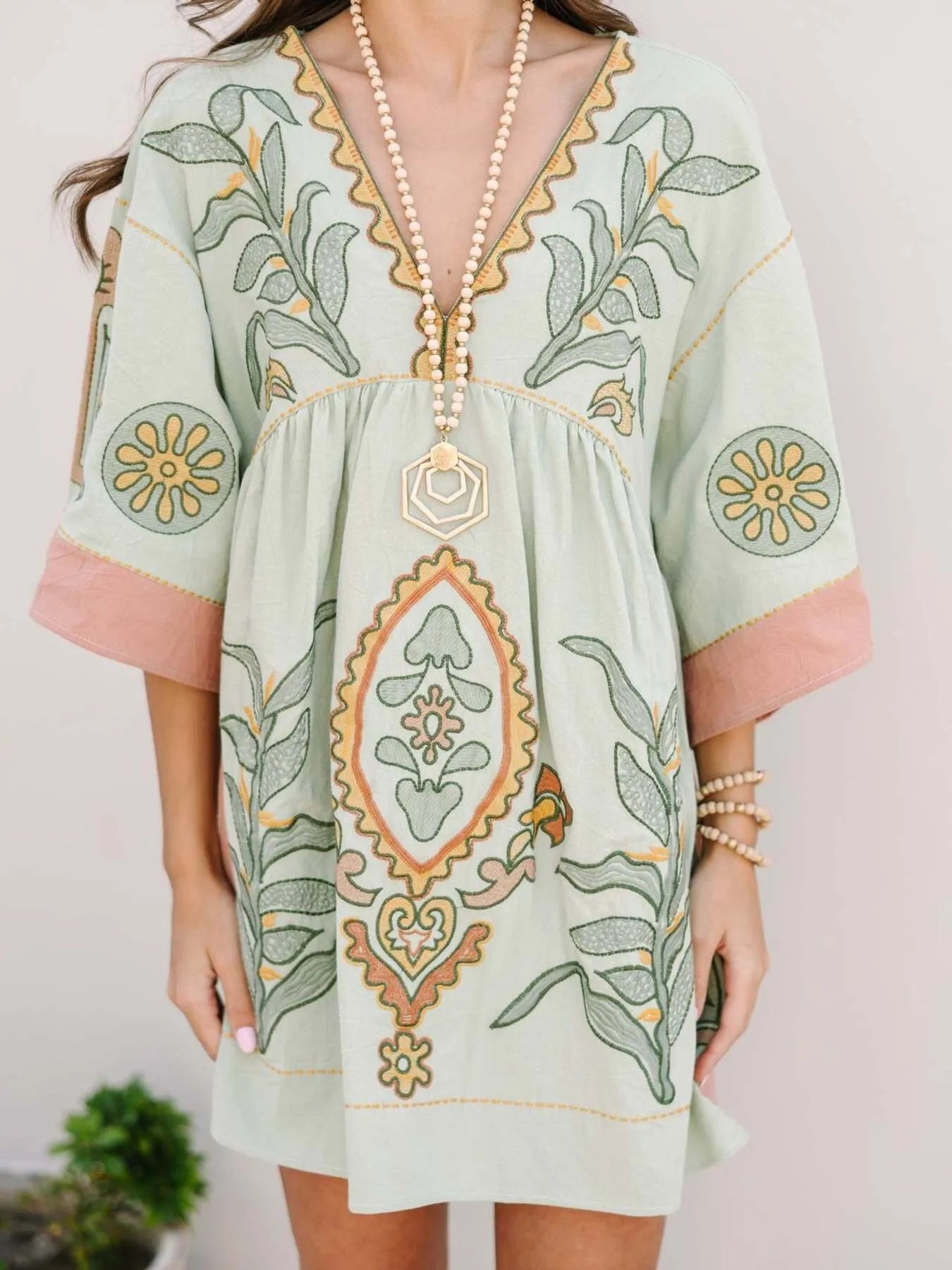 Printed V-Neck Kimono Sleeve Mini Dress Trendsi