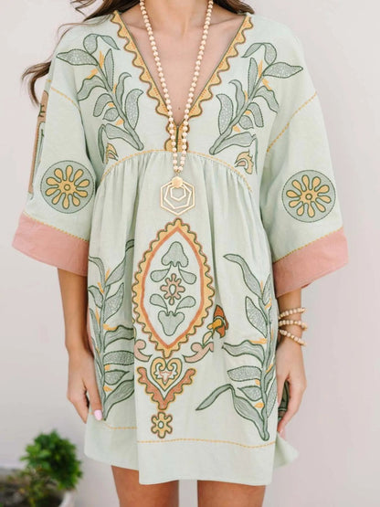 Printed V-Neck Kimono Sleeve Mini Dress Trendsi