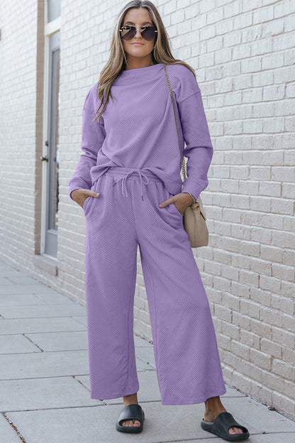 Double Take Full Size Textured Long Sleeve Top and Drawstring Pants Set  DAME BOHEME