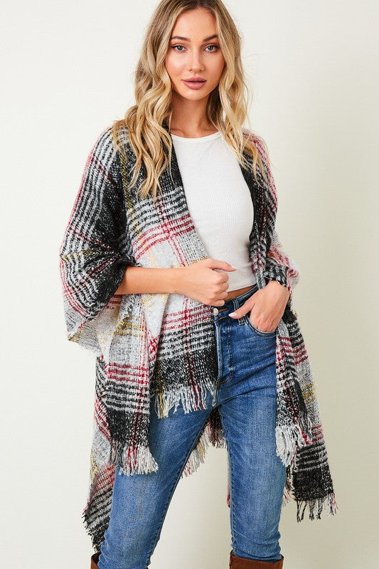 Multi-Color Plaid Asymmetrical Fringe Trim Poncho Shawl