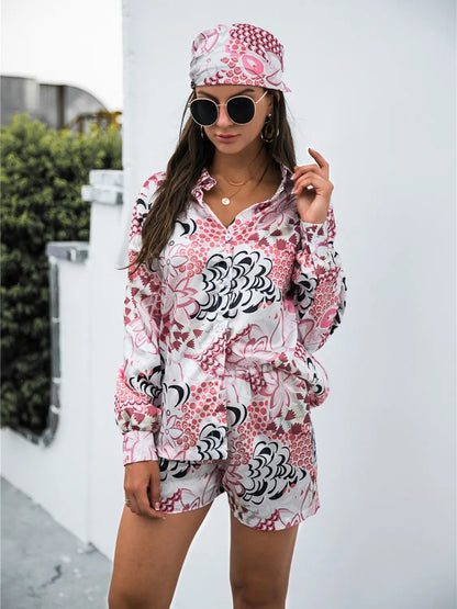 Printed Button Up Long Sleeve Shirt and Shorts 3 Pc Set Trendsi