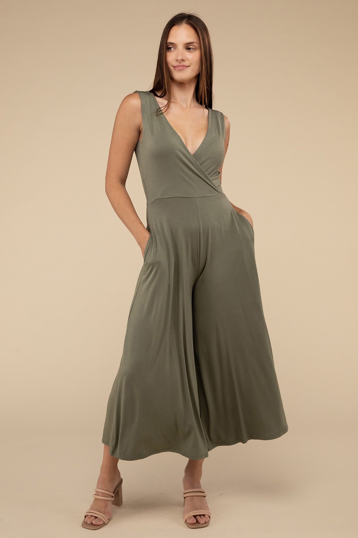 Surplice Neckline Sleeveless Midi Flared Jumpsuit ZENANA