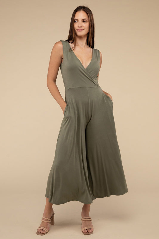 Surplice Neckline Sleeveless Midi Flared Jumpsuit ZENANA