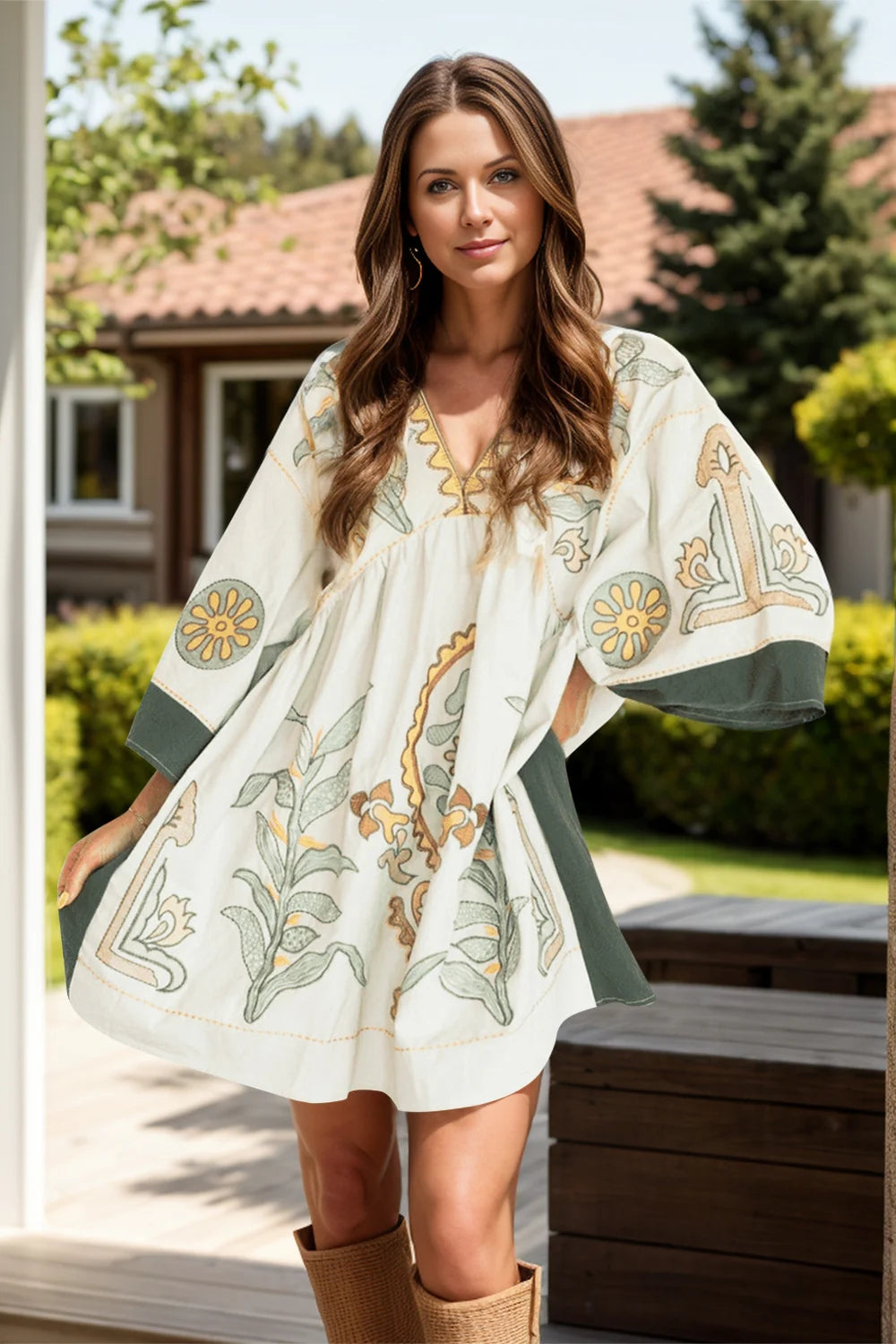 Printed V-Neck Kimono Sleeve Mini Dress Trendsi