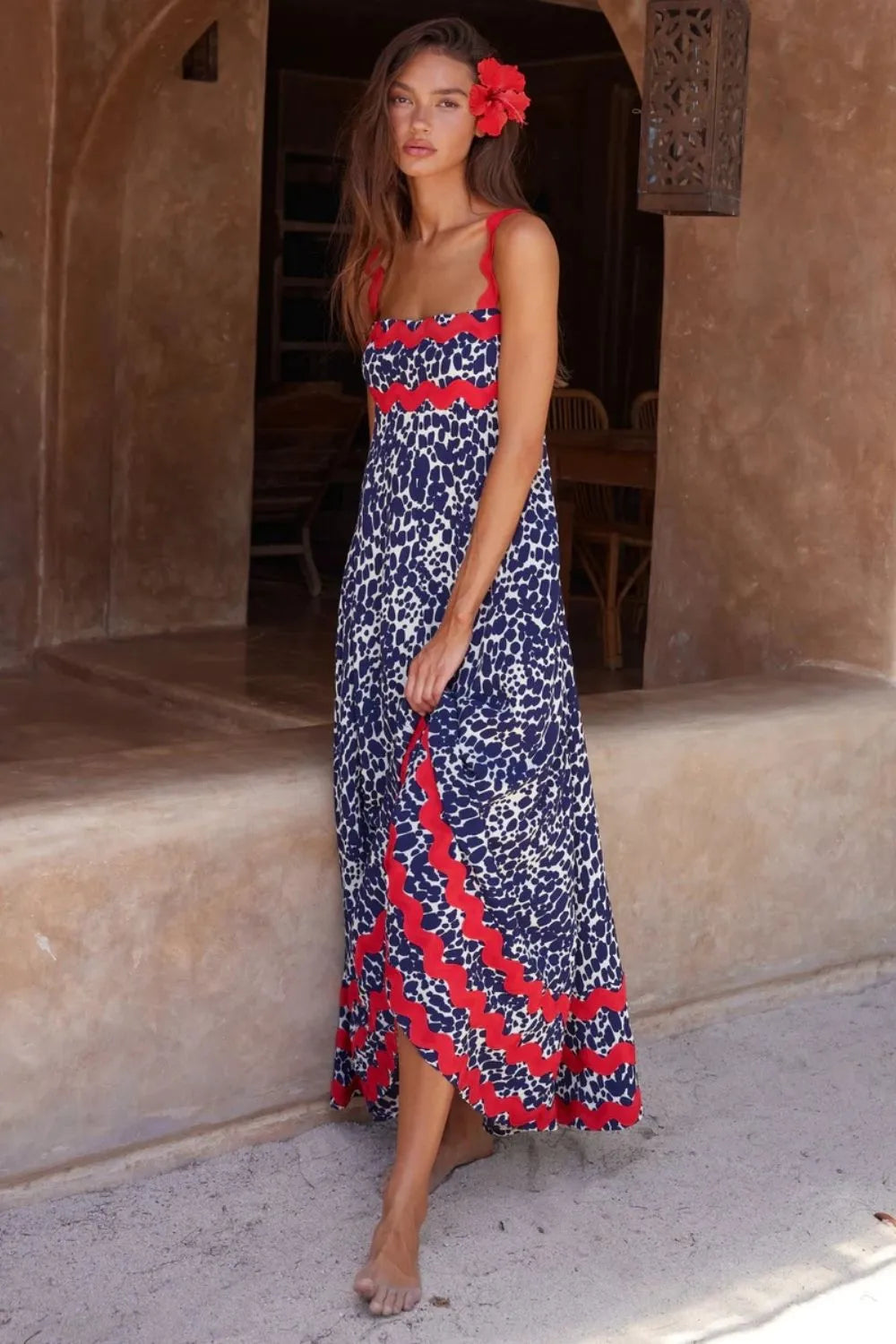 Printed Square Neck Wide Strap Maxi Dress Trendsi