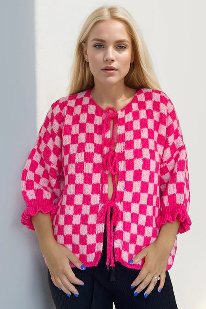 Double Take Tied Checkered Dropped Shoulder Flounce Sleeve Cardigan  DAME BOHEME