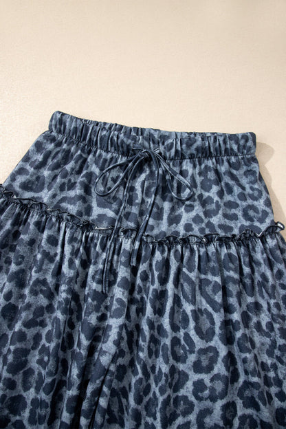 Gray Wild Leopard Print Frilled Detail Drawstring Wide Leg Pants  DAME BOHEME