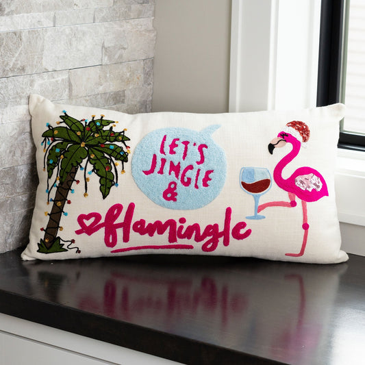 Flamingo Christmas 12x22 Embroidered Lumbar Pillow  DAME BOHEME