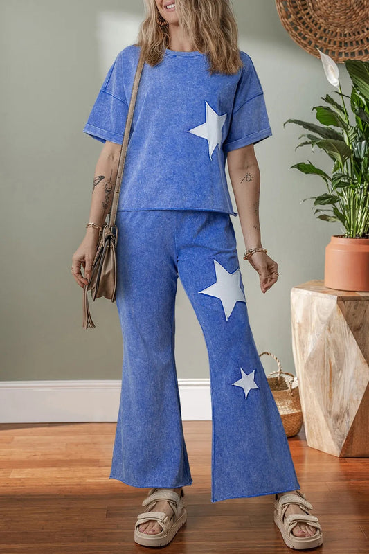 Acid Wash Star Patched Rolled Trim Top and Pants Set  DAME BOHEME