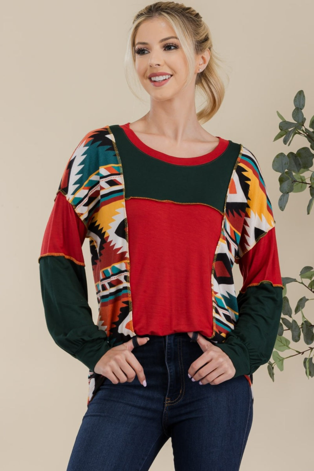 Celeste Full Size Exposed Seam Printed Color Block T-Shirt Blouse