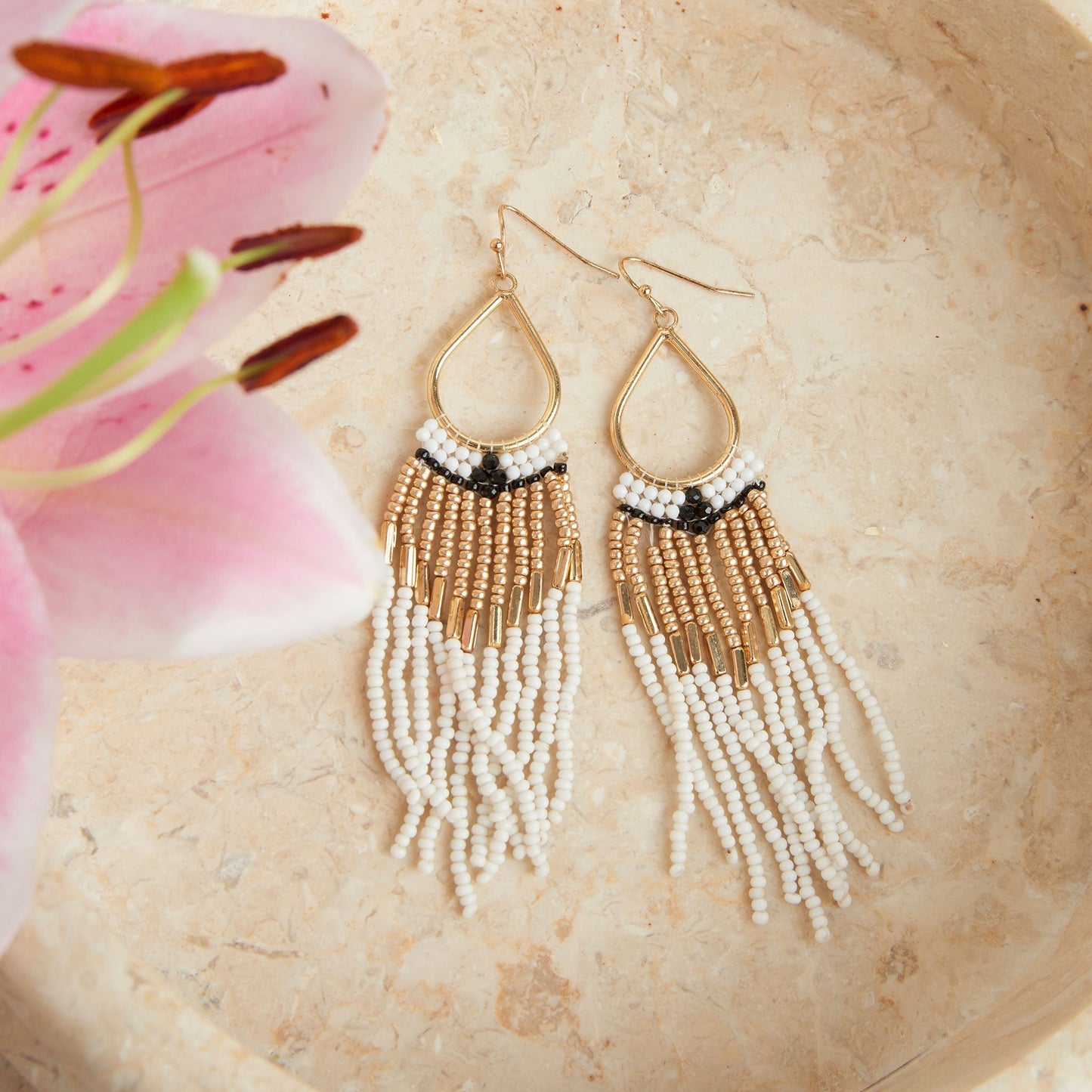 Irie Snow White Beaded Teardrop Dangle Earrings  DAME BOHEME
