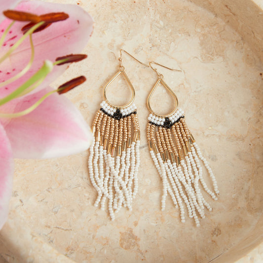Irie Snow White Beaded Teardrop Dangle Earrings  DAME BOHEME