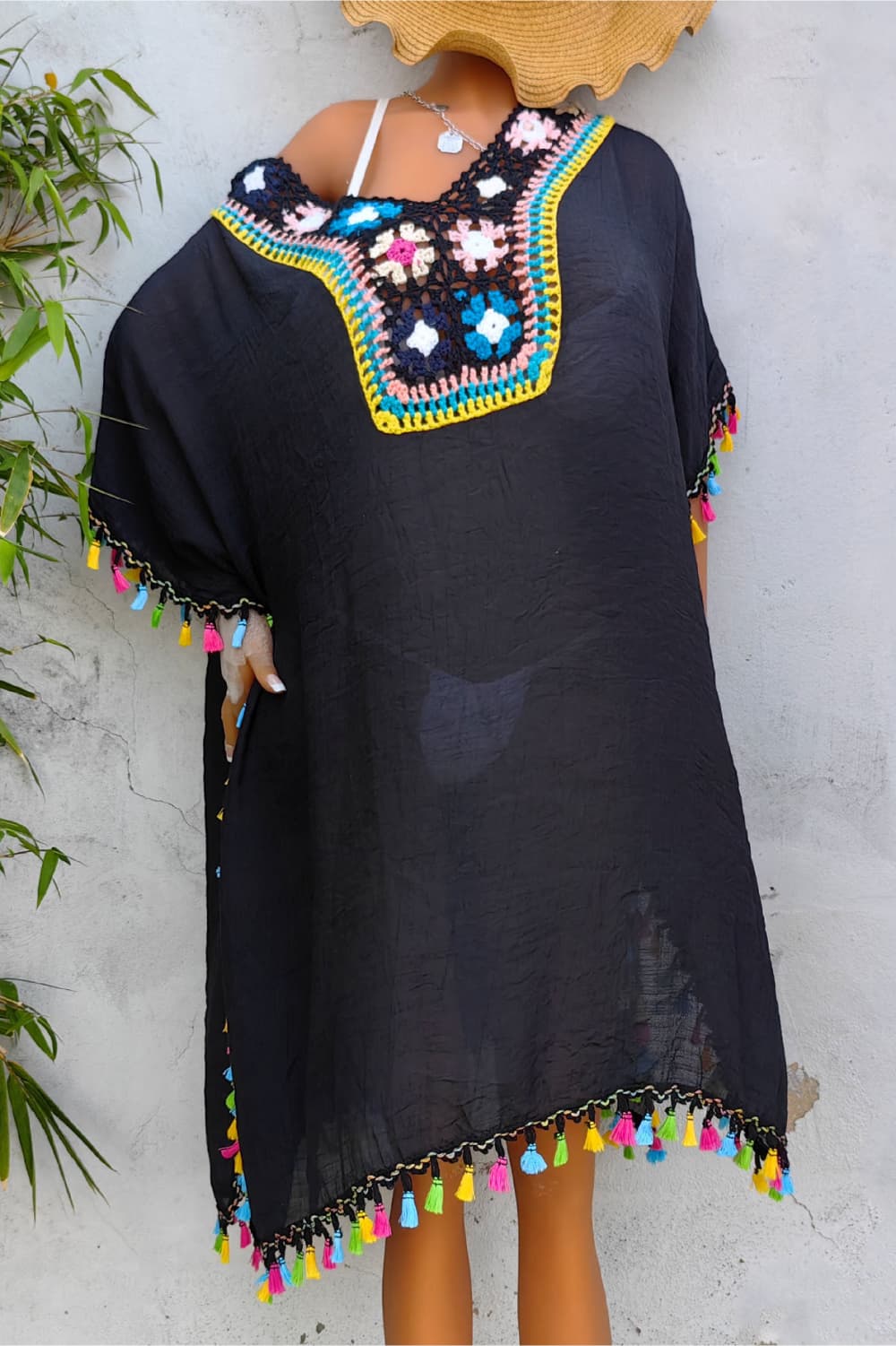 Tassel Detail Embroidery Kimono Dress Cover-up Trendsi