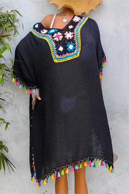 Tassel Detail Embroidery Kimono Dress Cover-up Trendsi