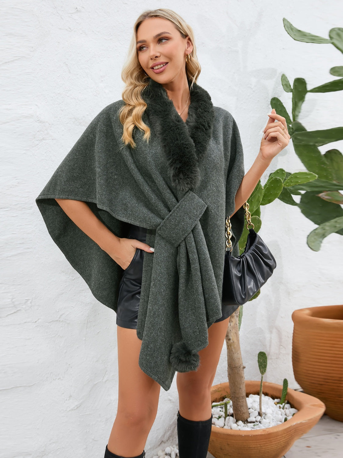 Asymmetrical Faux Fur Collar Open Front Poncho